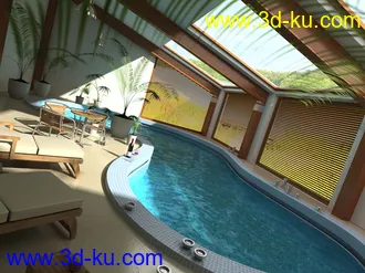 室内游泳池,长椅,花盆,玻璃天花,室内泳池场景,3D模型的图片
