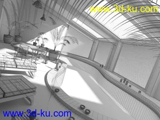 室内游泳池,长椅,花盆,玻璃天花,室内泳池场景,3D模型的图片