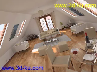 阁楼模型,阁楼场景,沙发,桌子,红酒,三角屋顶,屋顶模型,3D模型的图片