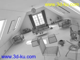 阁楼模型,阁楼场景,沙发,桌子,红酒,三角屋顶,屋顶模型,3D模型的图片