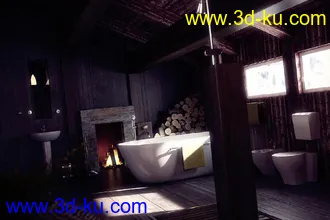 浴缸模型,木柴模型,马桶模型,室内一角,3D模型的图片