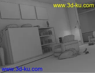 饰品模型,台灯模型,沙发模型,书架模型,室内一角,3D模型的图片