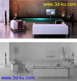 室内场景模型,3D模型,沙发模型,音响模型,室内健身车模型的图片