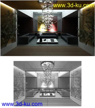 室内场景模型,客厅模型,吊灯模型,沙发模型,3D模型的图片