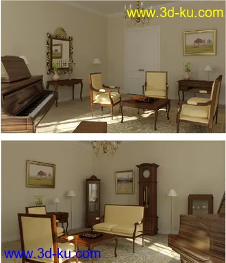 欧式室内场景,欧洲客厅,钢琴模型,吊灯,3D模型的图片