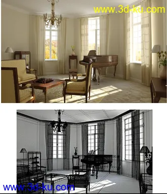 欧式室内场景,欧洲客厅,钢琴模型,吊灯,3D模型的图片2