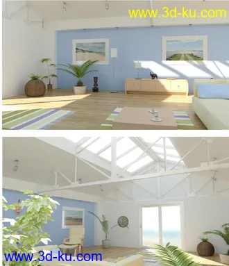 现代简约场景,阁楼场景,绿色环保室内场景,明亮的卧室,3D模型的图片