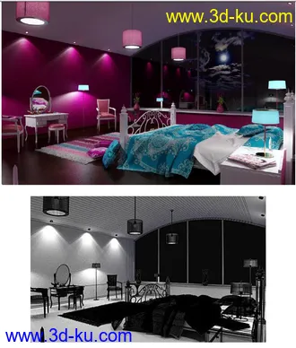 幽暗的室内场景,卧室模型,欧式卧室场景,3D模型的图片
