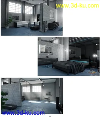 砖墙式工作室场景,个人工作室模型,公寓模型,3D模型的图片