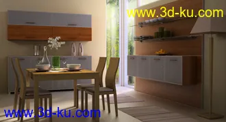 厨房场景,厨房模型,木桌子,木柜,厨柜,立地灯,3D模型的图片