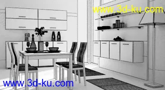 厨房场景,厨房模型,木桌子,木柜,厨柜,立地灯,3D模型的图片