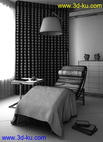 室内场景,室内一角,躺椅,窗帘模型,3D模型的图片