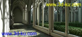 罗马柱走廊场景,欧式园林走廊模型,3D模型的图片