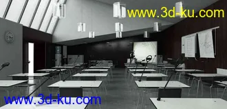 教室场景,学堂，学生桌子,椅子,幻灯机,多媒体教室,3D模型的图片
