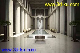 艺术馆场景,室内展厅,展览厅,罗马柱,中空透光楼层,3D模型的图片