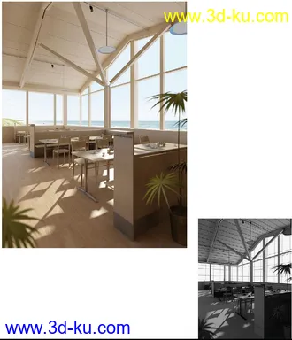 海边餐厅场景,餐厅模型,海边木屋,木桌子,木椅,3D模型的图片