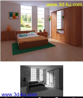房间场景,卧室,衣柜模型,柜镜,儿童床,3D模型的图片