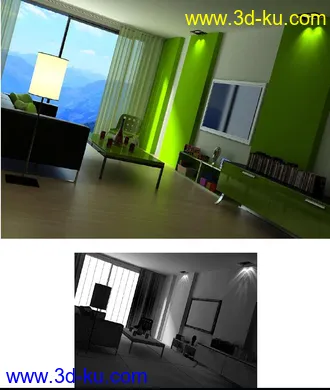 公寓场景,沙发,桌子,落地窗,电视模型,文件柜,3D模型的图片