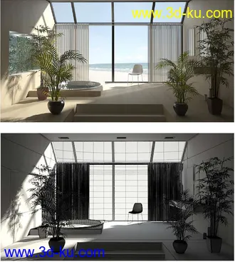 海边浴室场景,玻璃天窗,竹子盆栽,浴池模型,落地玻璃,3D模型的图片
