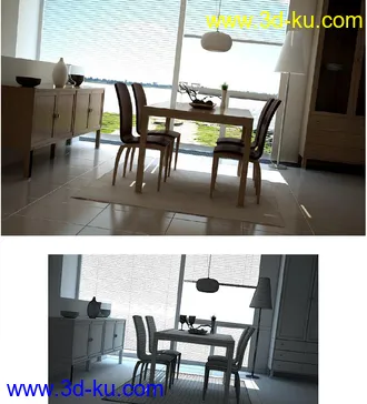 饭厅场景,饭桌,椅子,吊灯,木柜模型,3D模型的图片