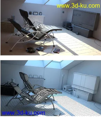 客厅模型,躺椅,长椅,电视模型,玻璃天花,3D模型的图片