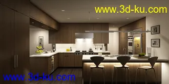 开放式厨房场景,厨房模型,厨柜,餐桌,3D模型的图片