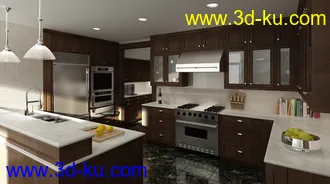 开放式厨房场景,开放式厨房模型,橱柜,厨房电器模型,3D模型的图片