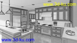开放式厨房场景,开放式厨房模型,橱柜,厨房电器模型,3D模型的图片
