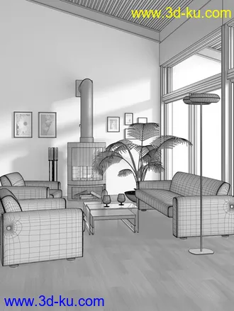 接待室场景,接待室模型,立地灯,壁炉,沙发,画模型,3D模型的图片