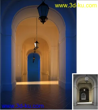 室内走廊场景,室内走廊模型,吊灯模型,拱形走廊,3D模型的图片