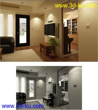 公寓场景,公寓模型,沙发,钢琴,电视模型,门模型,3D模型的图片