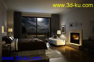卧室场景,睡房场景模型,双人大床,壁炉模型,3D模型的图片