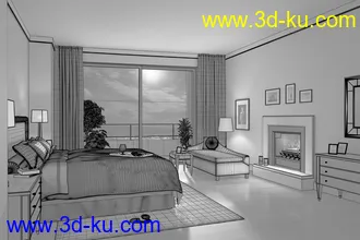 卧室场景,睡房场景模型,双人大床,壁炉模型,3D模型的图片