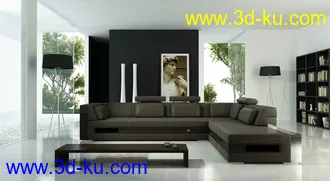 客厅场景,现代沙发组合,书柜模型,挂画模型,3D模型的图片