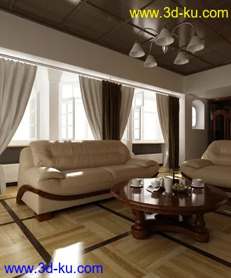 客厅场景,皮沙发模型,木茶几模型,窗帘模型,吊灯模型,木地板,3D模型的图片