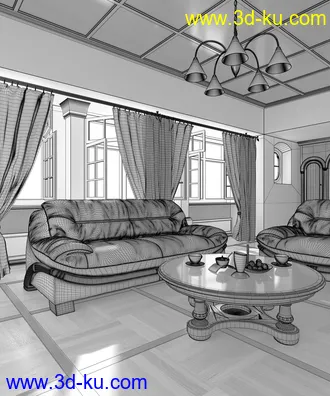 客厅场景,皮沙发模型,木茶几模型,窗帘模型,吊灯模型,木地板,3D模型的图片2