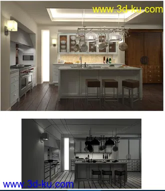 厨房模型,厨房吊顶模型,吊灯,厨柜,3D模型的图片