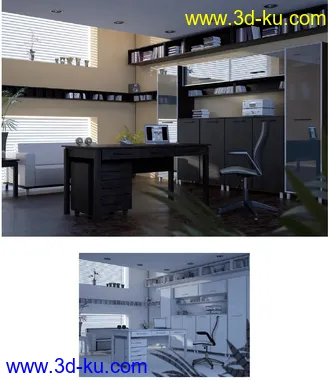 办公室模型,办公室场景,公办桌,书柜,文件柜模型,3D模型的图片