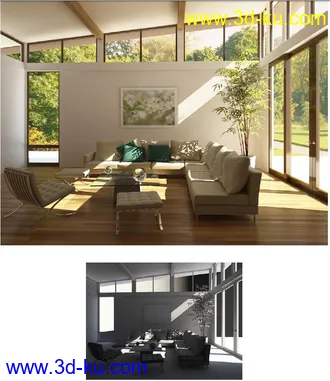 会客厅场景,客厅场景,玻璃小屋,沙发,阳光,竹子模型,3D模型的图片