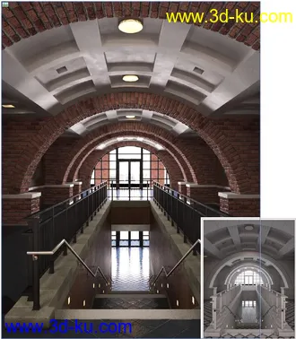 楼梯场景,拱形天花模型,护栏模型,阶梯模型,3D模型的图片