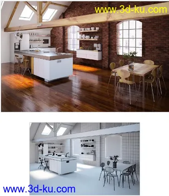 开放式厨房场景,餐桌,餐具模型,砖墙,三角形天花,木地板,3D模型的图片