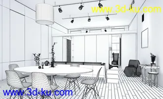 厨房,饭厅模型,饭桌,轨道灯,室内场景,3D模型的图片