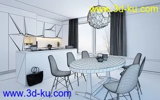 饭厅场景,饭厅模型,饭桌,木地板模型,水晶吊灯模型,3D模型的图片