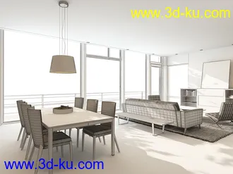观景房场景,室内模型,桌子,沙发,电视柜,3D模型的图片