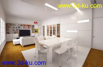 桌椅模型,沙发,电视柜模型,电视,白色网格室内场景,3D模型的图片