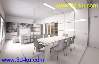 桌椅模型,沙发,电视柜模型,电视,白色网格室内场景,3D模型的图片