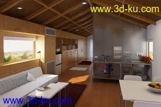 屋顶场景,木屋顶模型,阁楼场景,阁楼模型,沙发,玻璃墙,3D模型的图片