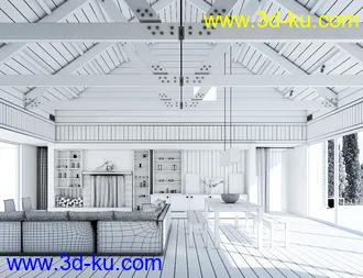 木屋顶模型,木房子,木家具模型,沙发,柜子,推拉门,画模型,3D模型的图片