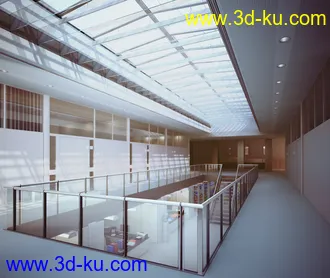 大型吊顶,玻璃屋顶,办公室场景,玻璃护栏,走道,过道,3D模型的图片