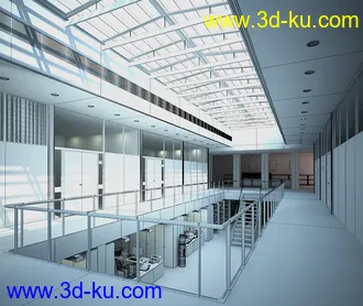 大型吊顶,玻璃屋顶,办公室场景,玻璃护栏,走道,过道,3D模型的图片